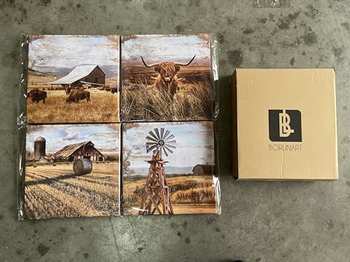 Highland Cow Wall Art for Living Room Farmhouse Kitchen Decor Western Decor Rustic Windmill Barn Canvas Prints Pictures Retro Country Farm Landscape Paintings Artwork for Bedroom Bathroom 16x16 4Pcs - Image 5