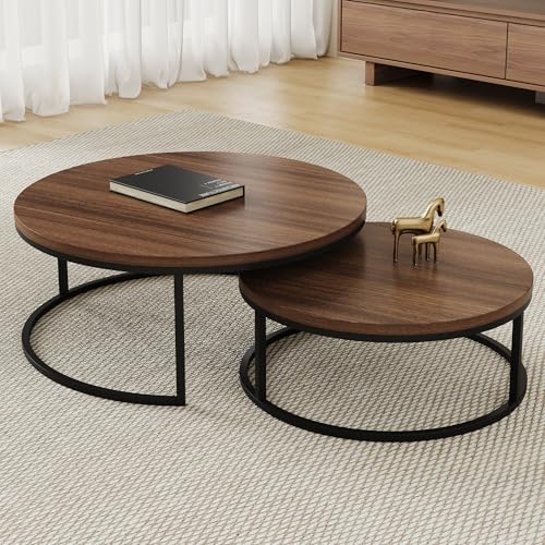 OLEYLUCKIDEA Couchtisch rund Holz 2er-Set, Wohnzimmertisch rund mit schwarzem Metallgestell, moderner Beistelltisch für Wohnzimmer, Schlafzimmer & Balkon, 80x80x45 cm (60x60x35 cm), (walnuss braun)