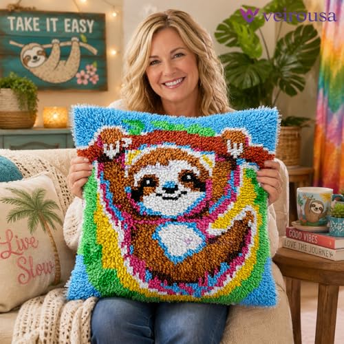 Image of veirousa Cute Sloth Latch Hook Kits for Adults Kids Beginners Animals Flowers Latch Hook Pillow Kit Pre-Printed Latch Hook Rug Kits Cross-Stitch Embroidery Cushion for Home Sofa Decoration 17x17 in.