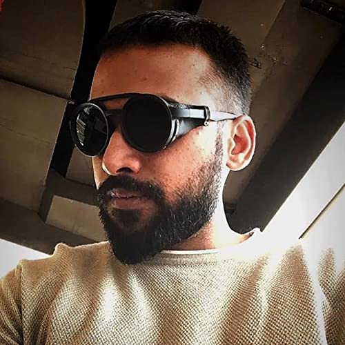 Polarized Round Steampunk Sunglasses with Leather Side Double Bridge Shield Retro Eyewear for Men Women2