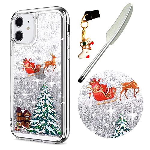 Reevermap iPhone 11 Case Christmas Phone Case, Protective Clear Shiny Glitter Liquid Floating Soft Silicone Xmas Santa Claus Cover for iPhone 11 & One Touch Pen & One Dust Plug, Silver