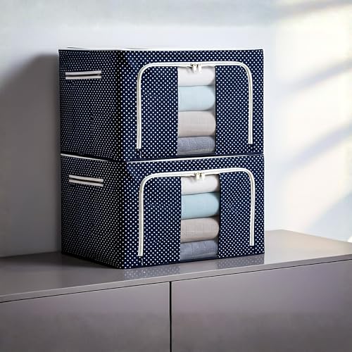 Image of VERAT Large Foldable Storage Box and Organiser with Metal Frame /Woven Fabric Clothes Organiser with Handle /Wardrobe Organizer for Storage /Almirah Organizer for Shirts /Jeans /Sweater (24 Litre, 2 Piece)