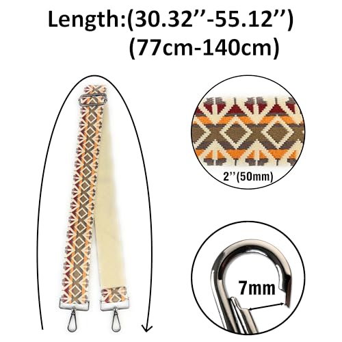 Image of Cream Brown Orange Boho Diamond Purse Strap with Matte Black Hardware 2 Inch Wide Replacement Crossbody Guitar Style Shoulder Strap for Handbags Totes