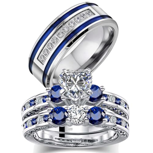 Couple Rings White Gold Plated 925 Sterling Silver Ring 1CT Heart CZ Women Wedding Ring Sets Men Titanium Steel Ring