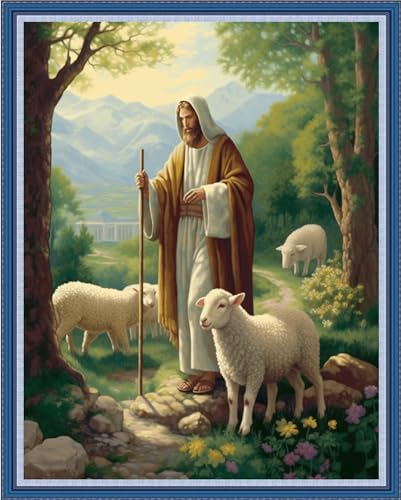 Image of Dimensean Stamped Cross Stitch Kits Full Range of Embroidery Patterns Starter Kits for Beginners Adult DIY Cross Stitches Needlepoint Kits 11CT-Jesus Shepherds the Sheep 16x20 inch