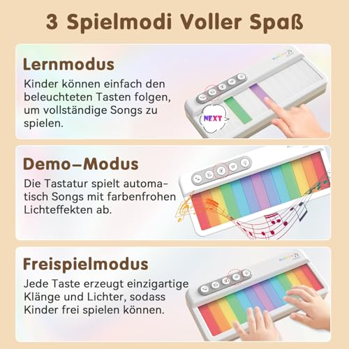 Pup Go Tragbares Elektronisches Klavier-Spielzeug für Kinder ab 2 Jahren, Regenbogen-Touchscreen-Tasten mit buntem Licht, 5 Instrumentenklänge, 13 Demolieder, tragbare Musik-Tastatur für Kleinkinder