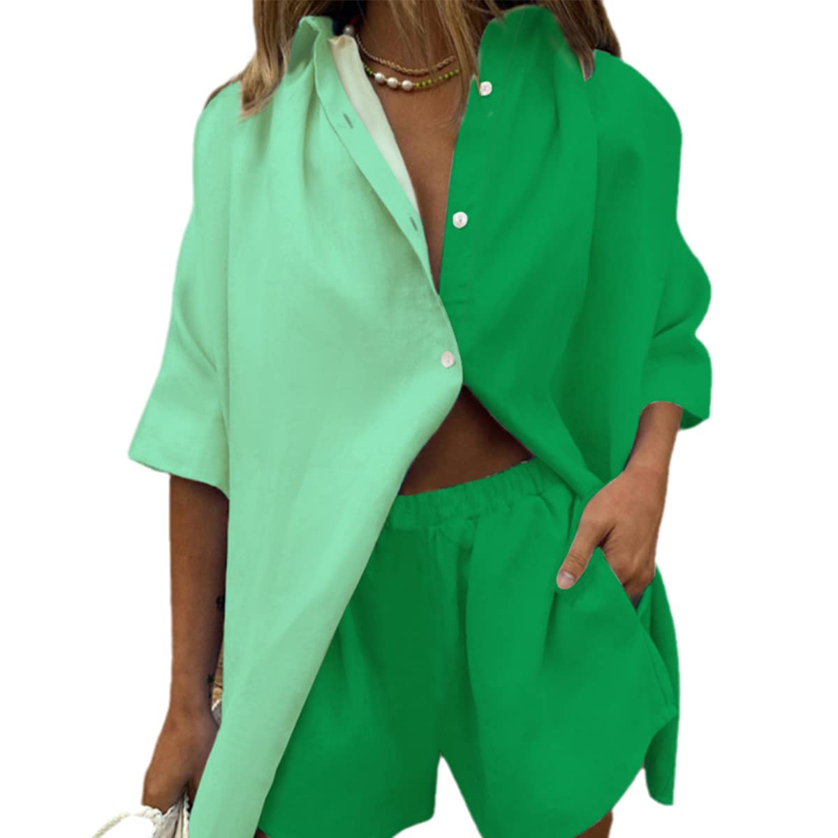 ThusFarWomen Casual 2 Piece Outfits Button Down Long Sleeve Shirt Top Loose Blouse Elastic Waist Short Pants Tracksuit Sets