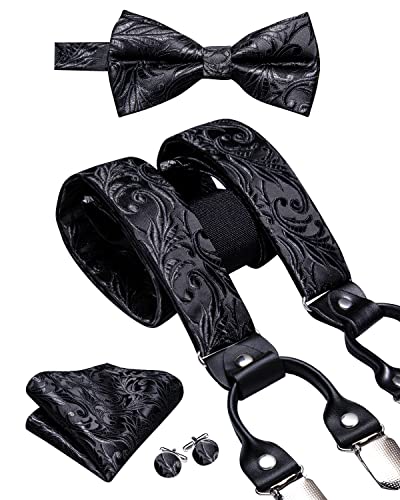Dubulle Mens Clips Suspenders and Pretied Bowtie Set Y Shape Adjustable Paisley Checks Braces Pocket Square Black