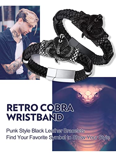 Bandmax Vintage Snake Charm Black Leather Cuff Bracelet For Men Women Punk Rock Cobra Serpent Leather Wrap Bangle Wristband Cool Bracelet Mens Gothic Rock Biker Bracelets -21" #TOP4