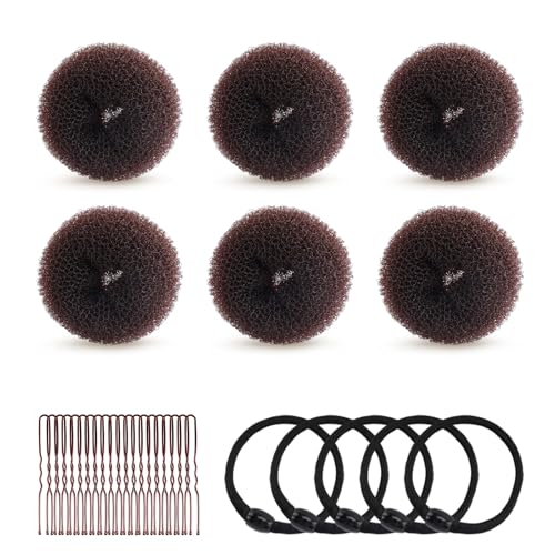 HOFASON Hair Bun Maker Donut 31 Pcs, 6 Pcs Small Hair Donuts for Buns, 5 Pcs Hair Elastic Bands, 20 Pcs Hair Pins, Hair Buns Pieces Ring Style Accessories for Kids Girls Short Thin hair Shaper (Brown)