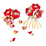 髪飾り 2点セット 和装 髪飾り 成人式 振袖 卒業式 七五三 女の子 フラワー 鈴付き つまみ細工 ヘアアクセサリー 髪留め 花 収納ポーチ付き 2色 (アカ)