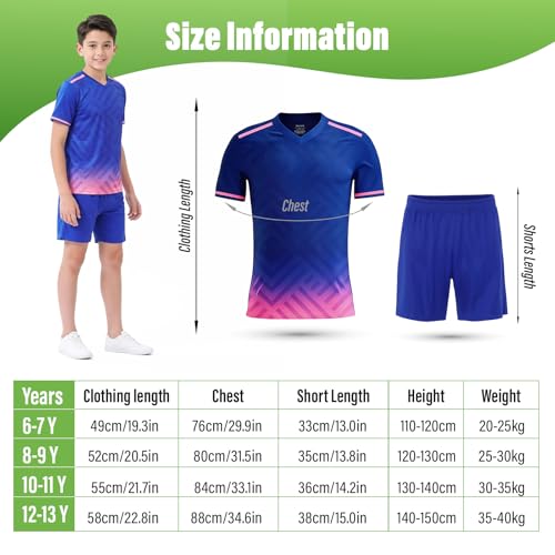 Fiohiros Fußballtrikot Kinder Set Sport, Schnell Trocknende Sportsachen Trikot für Kinder, Fussball Trikot Set Trainingsanzug Shorts und T-Shirt (Blau-Rosa, 10-11 Jahre)