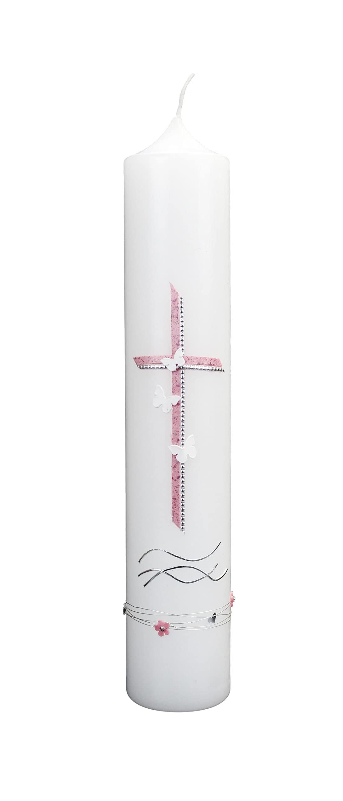 Wiedemann Cierge de baptême de communion croix avec papillons 265/50 mm (rose)