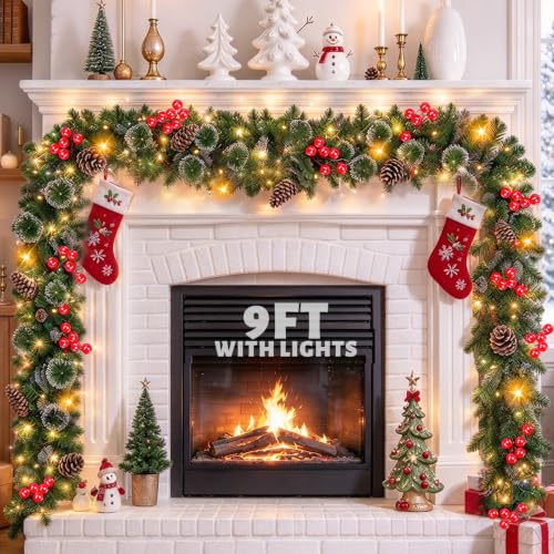 9Ft by 10 Inch Prelit Christmas Garland with 50 Warm Lights Xmas Decor | Timer,Thick 177 Branch Tips 35 Red Berry 7 Pinecone Battery Operated Real Touch Cedar Xmas Garland Door Mantle Indoor Outdoor