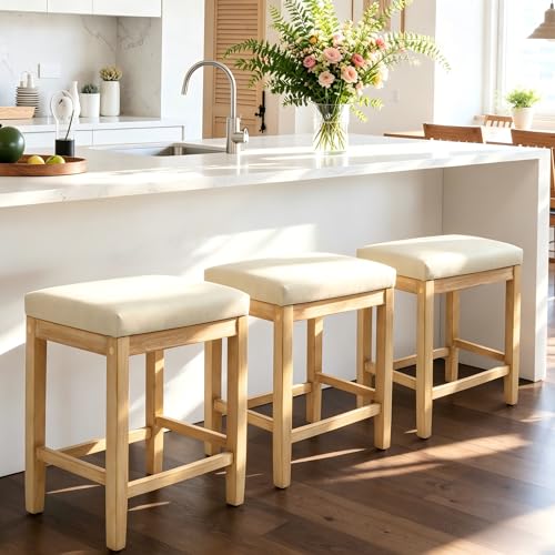 Image of RNKSFX Counter Height Bar Stools Set of 3 for Kitchen Counter Farmhouse Modern Backless Barstools with Faux Leather Upholstered Seat and Solid Wood Legs 24 inch Bar Chairs, Khaki + Wood Color