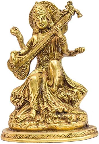 Statue de Saraswati dorée de 20 cm avec sa Veena pour salon