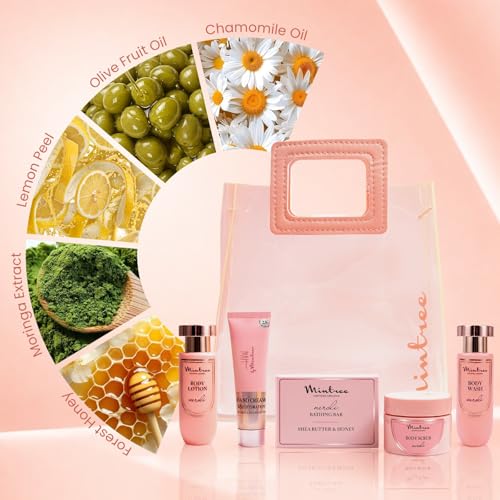 Image of Mintree Peach 5 in 1 Bath and Body Care Gift Hamper with Body Wash, Lotion, Scrub, Bathing Bar and Hand Cream for Women | All Skin Types | Suitable for Birthdays, Anniversaries and Special Occasions