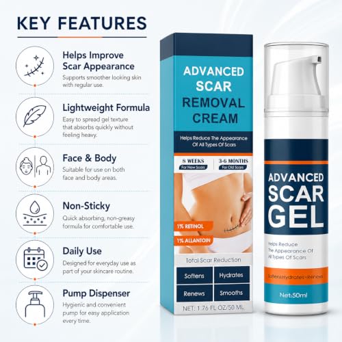 Image of Advanced Scar Gel Cream for Face & Body | Silicone-Based Scar Care Gel | Helps Improve the Appearance of Old & New Scars | Moisturizing Formula for Surgical, C-Section, Acne & Stretch Mark Care | 50ml