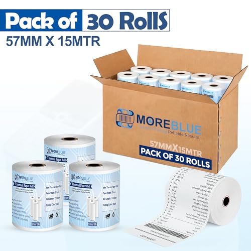 Image of MOREBLUE Credit Card, Food Bills Direct Thermal Receipt Paper Roll, Pack of 30 57mm(2 inch) x 15 Meter, Ink Free Print for POS, Credit Card Machines, & Petrol Pumps
