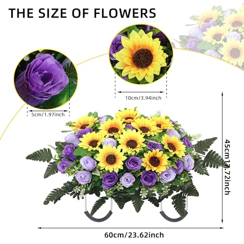 Lodou Artificial Cemetery Flowers Saddle-Shaped Tombstone Decorations,Large Headstone Flower Saddle,Rose Sunflower Memorial Flowers (Purple) image 7