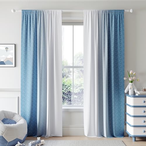 Geomoroccan Ombre 100% Blackout Curtains 84 Inches Long 2 Panels for Bedroom Blue White Gradient Patterned Room Darkening Thermal Insulated Rod Pocket Window Treatment Drapes