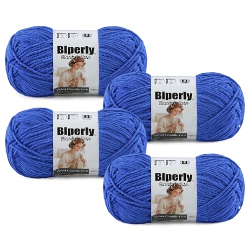 Image of Skinny Chenille Yarn for Crocheting, #2 Blue Thin Baby Blanket Plush Yarn