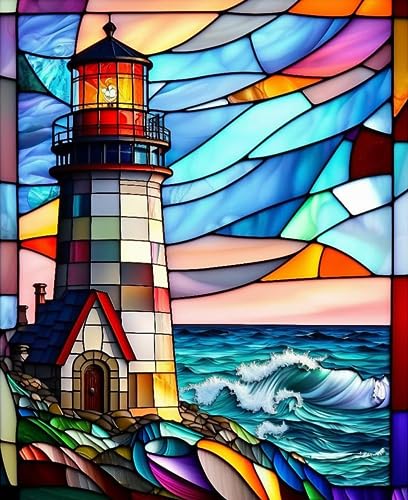 Image of 5D Stained Glass Lighthouse Diamond Painting,Adult Diamond Art kit, DIY Diamond Painting kit,Full Diamond Round Diamond dot Diamond Art kit,Craft Home wall Art decorating-12x16in