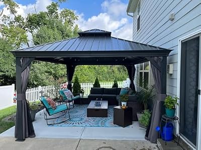 Domi 12'x12' Hardtop Gazebo Canopy,Outdoor Aluminum Gazebo with Galvanized Steel Double Roof,Permanent Gazebo with Drainage System,Curtain and Netting Included,Grey
