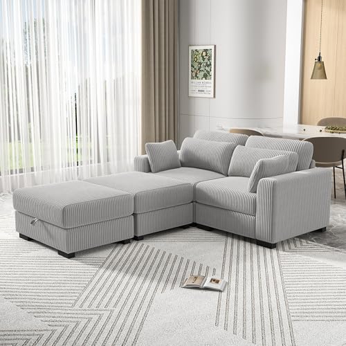 Divano a 2 posti, divano imbottito, divano da salotto Cheslong divano letto con chaise longue, divano modulare, pavimento, divano a forma di L in velluto a coste con cuscino e ottomano (grigio, 2