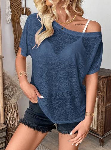 Image of Hilinker Women's Sheer Off The Shoulder Tops See Through Sexy Short Sleeve Mesh Shirt Summer