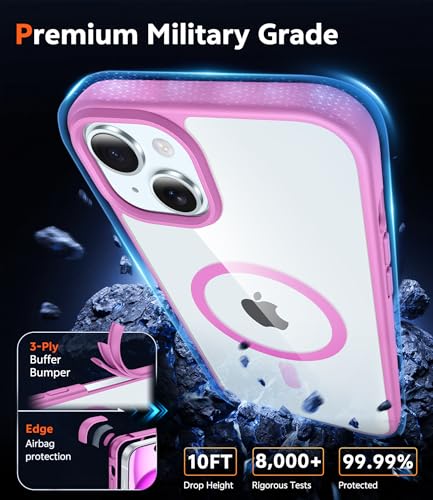 Image of FNTCASE for iPhone 15 Case Clear: iPhone 14 /13 Case Magnetic Phone Cases with Screen Protector Compatible with Magsafe Slim Anti Yellowing Rugged Protective Transparent Cell Cover (B-Pink)