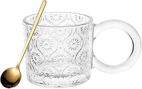 Tazas de café apilables de vidrio vintage de 8 onzas, tazas en relieve para café con leche, capuchino, cereales, postres, yogur, bebidas