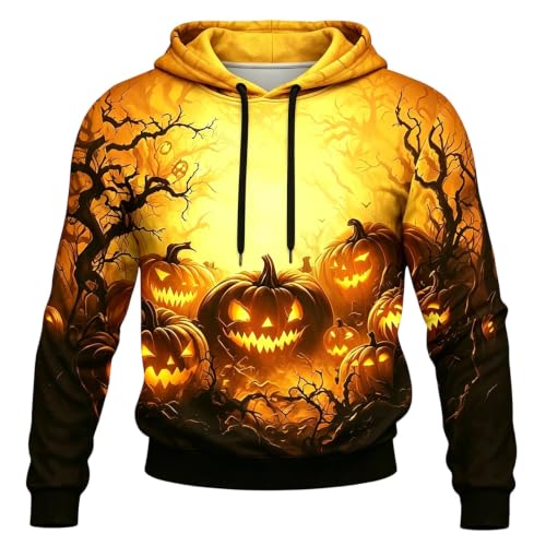 Hoodies for Men Halloween Pumpkin Print Hoodie Y2k Casual Long Sleeve Funny Pullover Streetwear Sweatshirt Holiday Orange - image 1