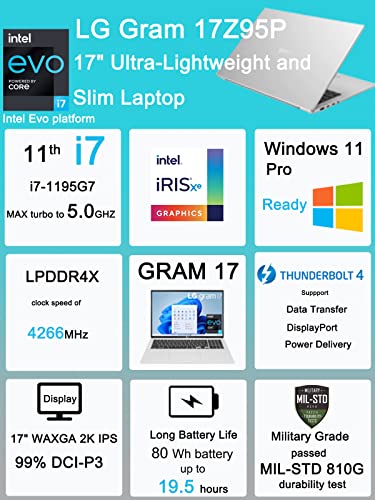 Lg Gram 17 17Z95P Ultra-Lightweight 17" Qhd+ Ips (Intel I7-1195G7, 32Gb Ram, 2Tb Pcie Ssd) Military Grade Business Laptop, 19.5Hr Battery, Backlit Kb, 2 X Thunderbolt 4, Webcam, Windows 11 Pro #TOP1