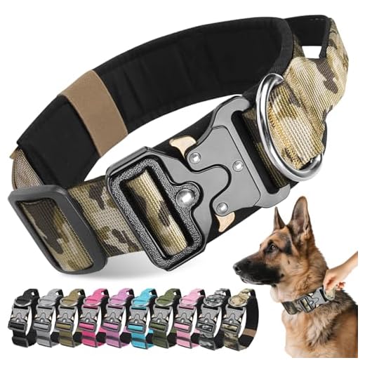Viugex Collier pour Chien Tactique, Militaire Collier Réglable avec Poignée de Commande, Résistant et Confortable Collier pour Chiens de Taille Moyenne Grand Entraînement (Camouflage Kaki, M)
