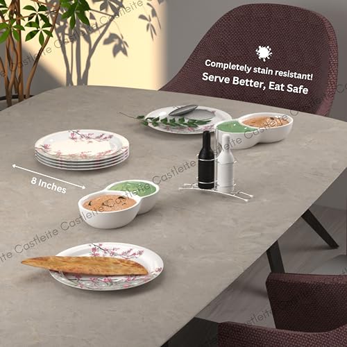 Image of Castleite Piccolo Melamine Quarter Plates Set of 6 - Size 8', Non Breakable, Round Designer Plate for Serving Snacks, Breakfast, Lunch or Dinner at Home, Kitchen, or Cafe, Stainless Rouge Blush