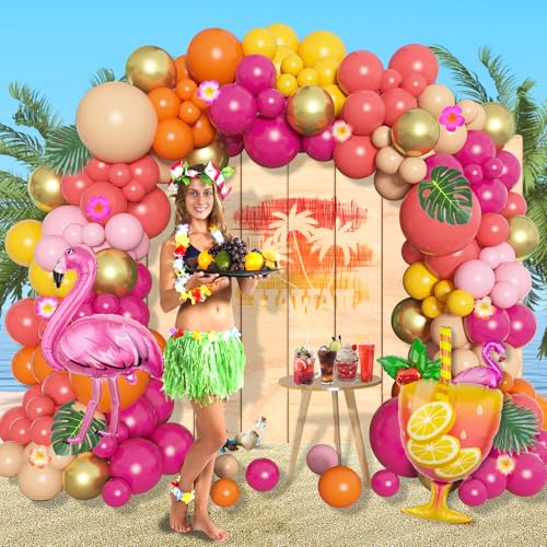 Image of Ouddy Life 178Pcs Tropical Balloons Arch Garland Kit Luau Party Decorations | Aloha Pineapple Coconut Hot Pink Aqua Blue Balloons with Palm Leaves for Hawaiian Summer Tropical Birthday Party Supplies