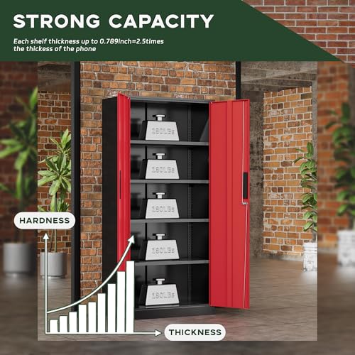 Image of Greenvelly Metal Storage Cabinet,72 inch Locking Metal Garage Storage Cabinet with Doors and 4 Adjustable Shelves, Lockable Steel Cabinet for Home Office, Garage, Shop, School (Red 32 inch W x 16 inch D)