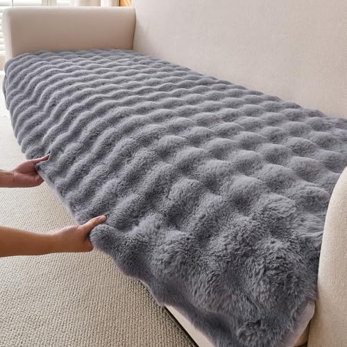 Image of HOKIPO 'FurHug' Premium Faux Fur Rabbit Sofa Cover Mats for L Shape and 1 /2 /3 Seater Sofa. Make Your Own Sofa Cover Set, Mat Length 90(D) x 240(L) cm, Cool Grey (AR-6290-GRY)