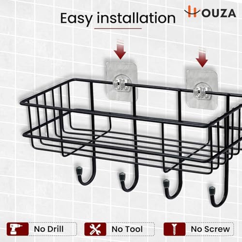 Image of HOUZA Self-Adhesive Bathroom Shelf Rack - 𝐍𝐨 𝐃𝐫𝐢𝐥𝐥𝐢𝐧𝐠 𝐍𝐞𝐞𝐝𝐞𝐝, Rust-Resistant Metal, Space-Saving Organizer for Shower and Kitchen with Quick and Simple Setup (𝐏𝐚𝐜𝐤 𝐨𝐟 𝟐)