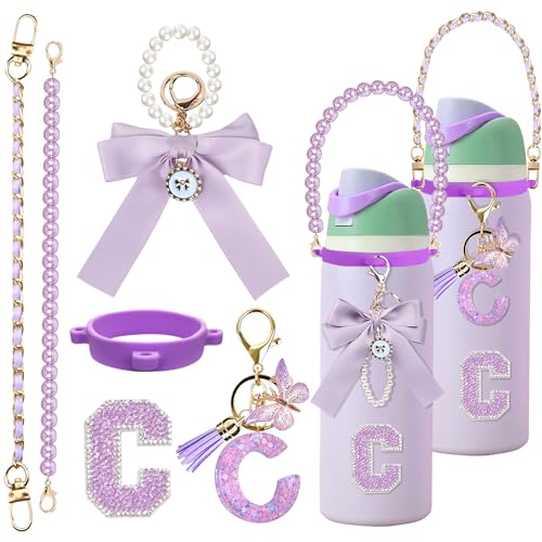 Mengayadi 6Pcs Letter Accessories for Owala Water Bottle 24oz 32oz 40oz, with Cute Initial Charm and Handle Strap, Compatible with Owala Free Sip, Kids Bottle,Stanley Cup Accessories (C, Purple)