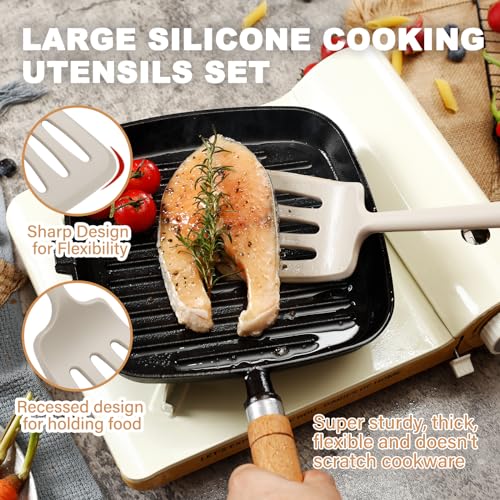 QMVESS Large Silicone Cooking Utensils Set 7 Pcs Heat Resistant Kitchen Utensils Set Food Grade Silicone and Wooden Handles Spatula Soup Ladle Pasta Server Kitchen Scissors BPA Free (Khaki) - Image 3