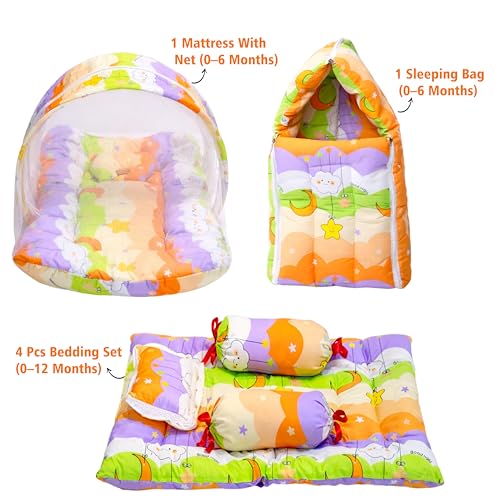 Image of Fareto Combo of Baby Bed with Net | Carry Bag | 4 Pcs Bedding Set (0-6 Months, Baby Size, Cotton) (Orange NEW Star)
