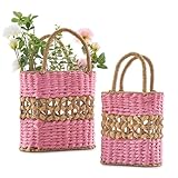 Natural Water Hyacinth Shelf Basket Set of 2, Handwoven Storage Baskets with Handles for Hanging or Carrying, Perfect for Entryway, Hallway...