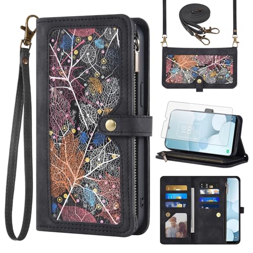 Phone Case for TCL 40 XL/40T 2023 Wallet Cover With Screen Protector and Crossbody Wrist Strap Leather Flip Pattern Zipper Credit Card Holder Stand Cell TCL40XL 40XL 5G T608M T608DL Women Men Blue