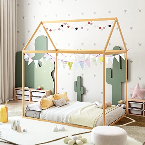 Linor House Bed Frame Floor Height Platform Bed,Wood Floor Bed Frame For Kids,Toddlers House Floor Bed With Roof And Slat,Bed With Headboard & Footboard For Children Boys Girls Teens (Wood, Full) #TOP13