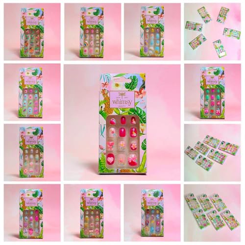 Image of Whimsy Beauty Kids Press-On Nails - Reusable Lightweight & Long-Lasting Design | Easy to Apply & Remove Quick-Fix Nails | 24 Pieces | Ages 4-16 (Floral & Feather)
