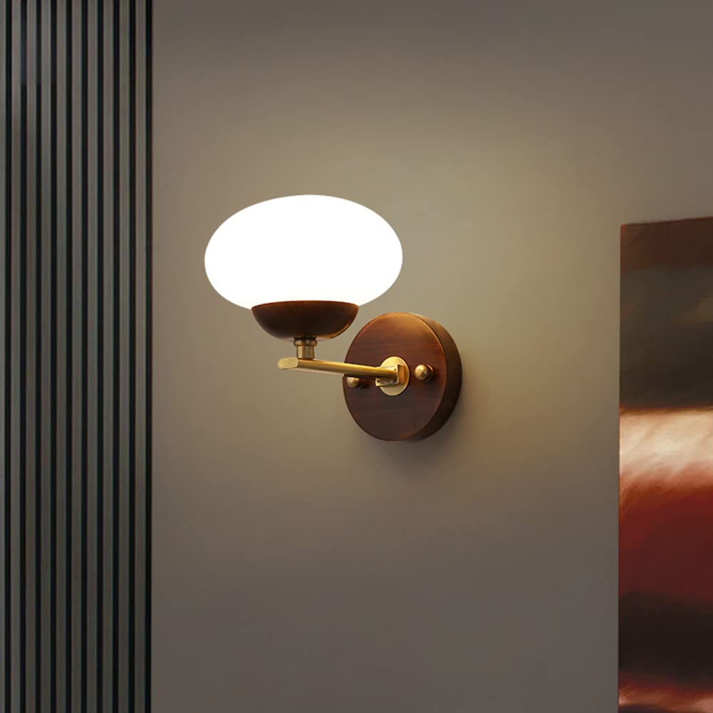Applique à LED en bois Applique d'intérieur moderne avec abat-jour en verre Lampe de chevet de chambre créative avec support en laiton Lampe décorative Applique murale pour couloir de salon