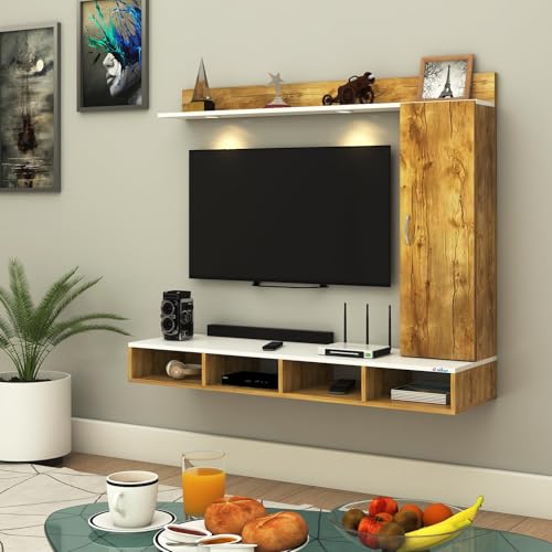 Image of Anikaa Dorex Engineered Wood Wall Mounted TV Unit with LED Lights, Storage Cabinet & Display Shelf for Living Room | Ideal for Upto 55 Inch TV- Giantwood /White(DIY Installation)