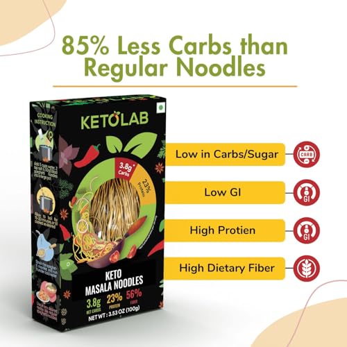 Image of Ketolab Keto Masala Noodles Spaghetti, 100 Gms, 1 Pack, 3.8g Net Carb & 23% High Protein /Serving, Identical to Regular Noodles, Low Carb, High Fibre, Low GI, Keto Diet, Diabetic Friendly